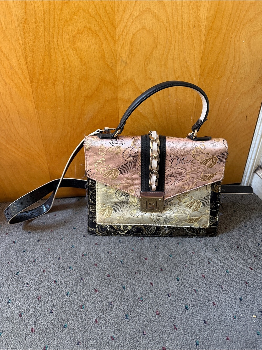 Aldo Two-Tone Floral Jacquard Top-Handle Satchel in Pink and Gold
